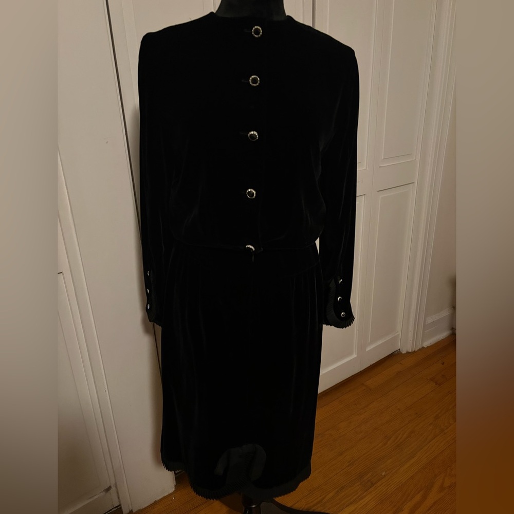 Vintage Black Velvet Dress Rhinestone Buttons | USA Made | Bow Detail